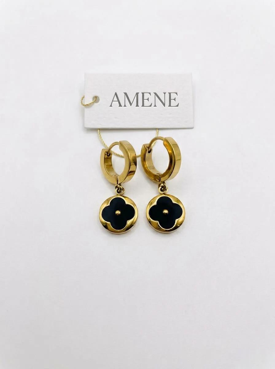Brinco aço argola antialérgico pingente redondo trevo preto
